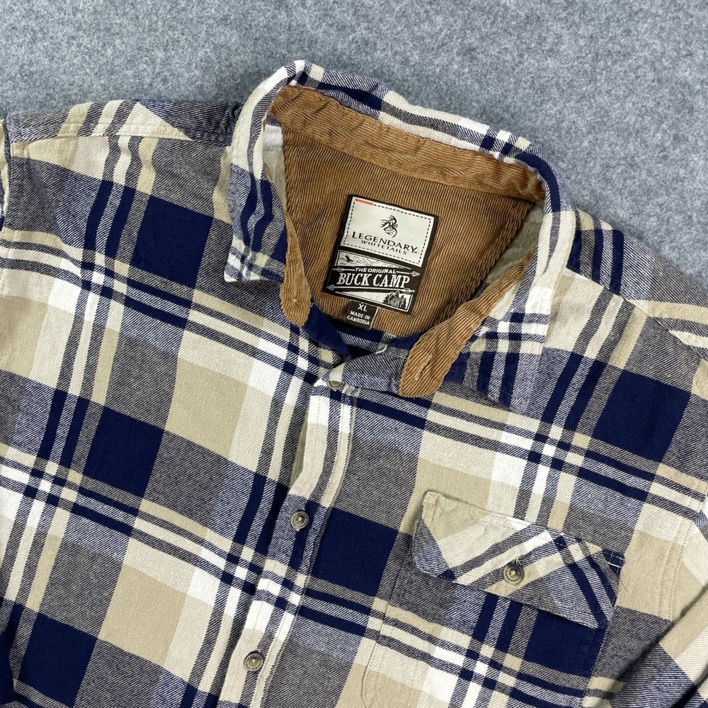 Legendary Whitetails Buck Camp Mens Button Down Shirt XL Navy Plaid Long Sleeve